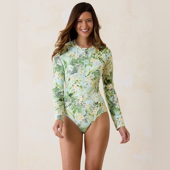 NWT Tommy Bahama Paradise Fronds Long-Sleeve Zip-Front One-Piece Swimsuit - Picture 1 of 6